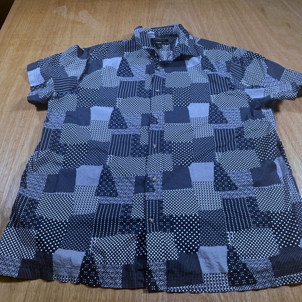 Banana Republic Shirt Mens XL Navy White Patchwork Geometric Slim Fit Cotton